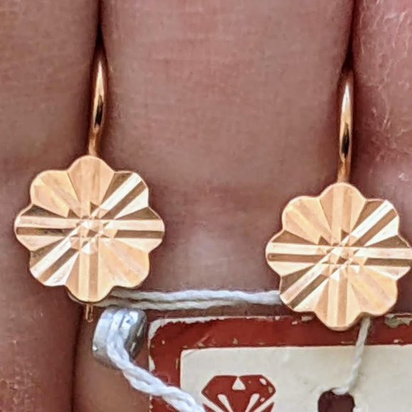 NOS Russian Soviet USSR 14K Rose Pink Gold Diamond Cut Flower Dangle EARRINGS - Picture 1 of 6